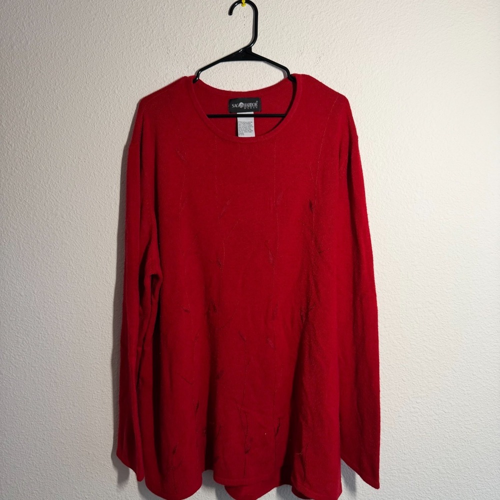 Sag Harbor Sweater Womens 3X Red Acrylic Tight Knit Ribbed Embroidered Leaf